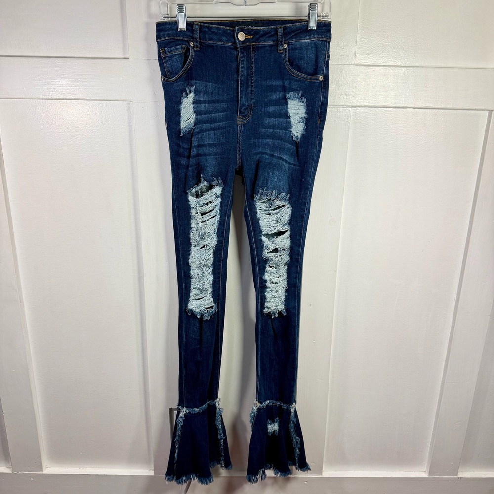 AKIRA Distressed Flared Jeans Ripped Bell‎ Bottoms Dark Wash Size 9 W28
